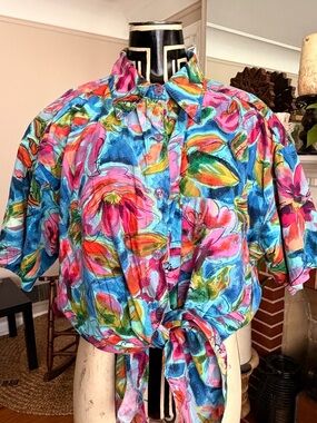 Bright Floral Tie-Front Shirt - Blue & Pink